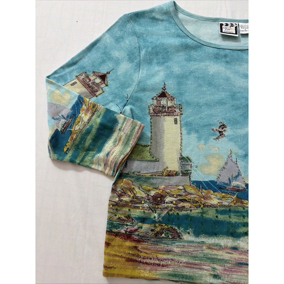 Take Two vintage 3/4 sleeve shirt cotton lighthouse sequins sailboats coastal L - Picture 16 of 16